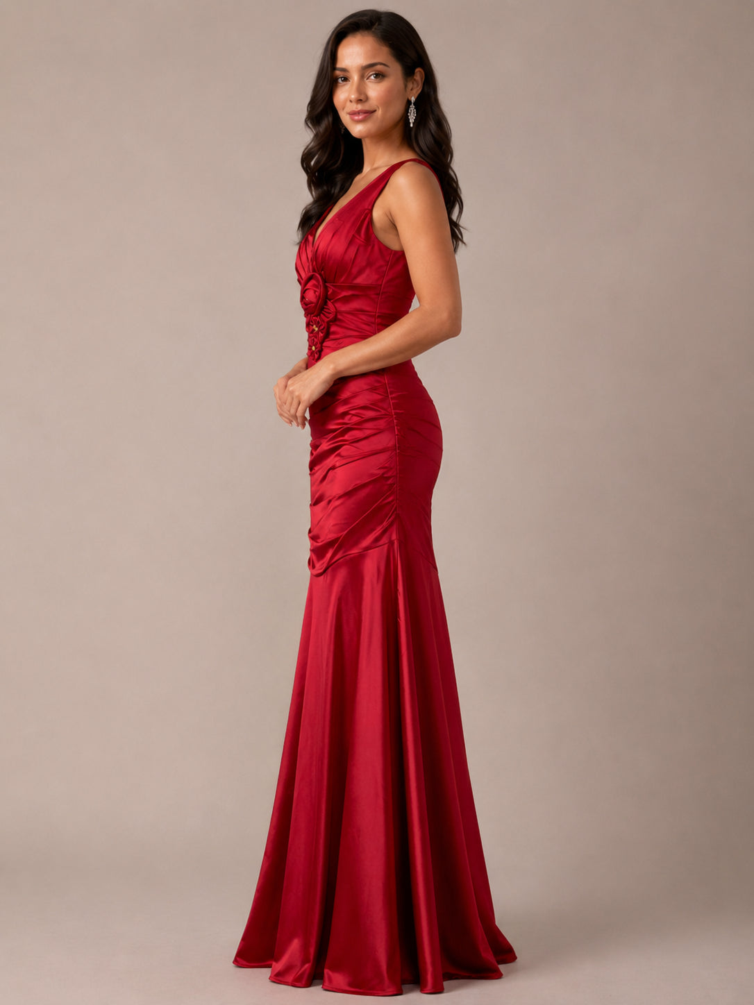 Red Satin Rosette Mermaid Gown - Red (view 4)