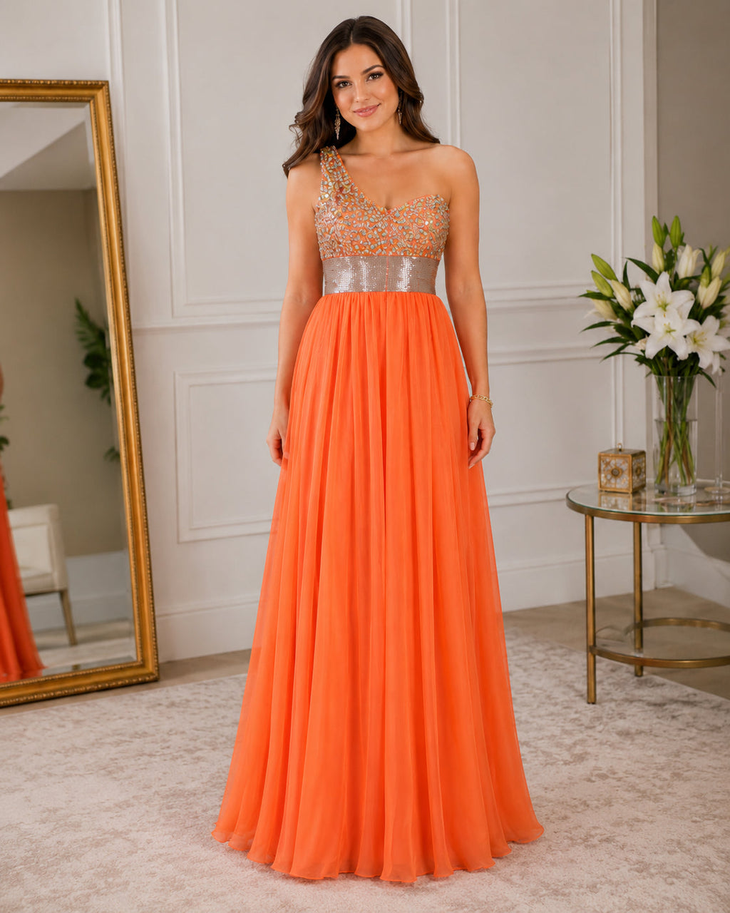 Silver-Bodice One-Shoulder Chiffon Gown - Orange (view 5)