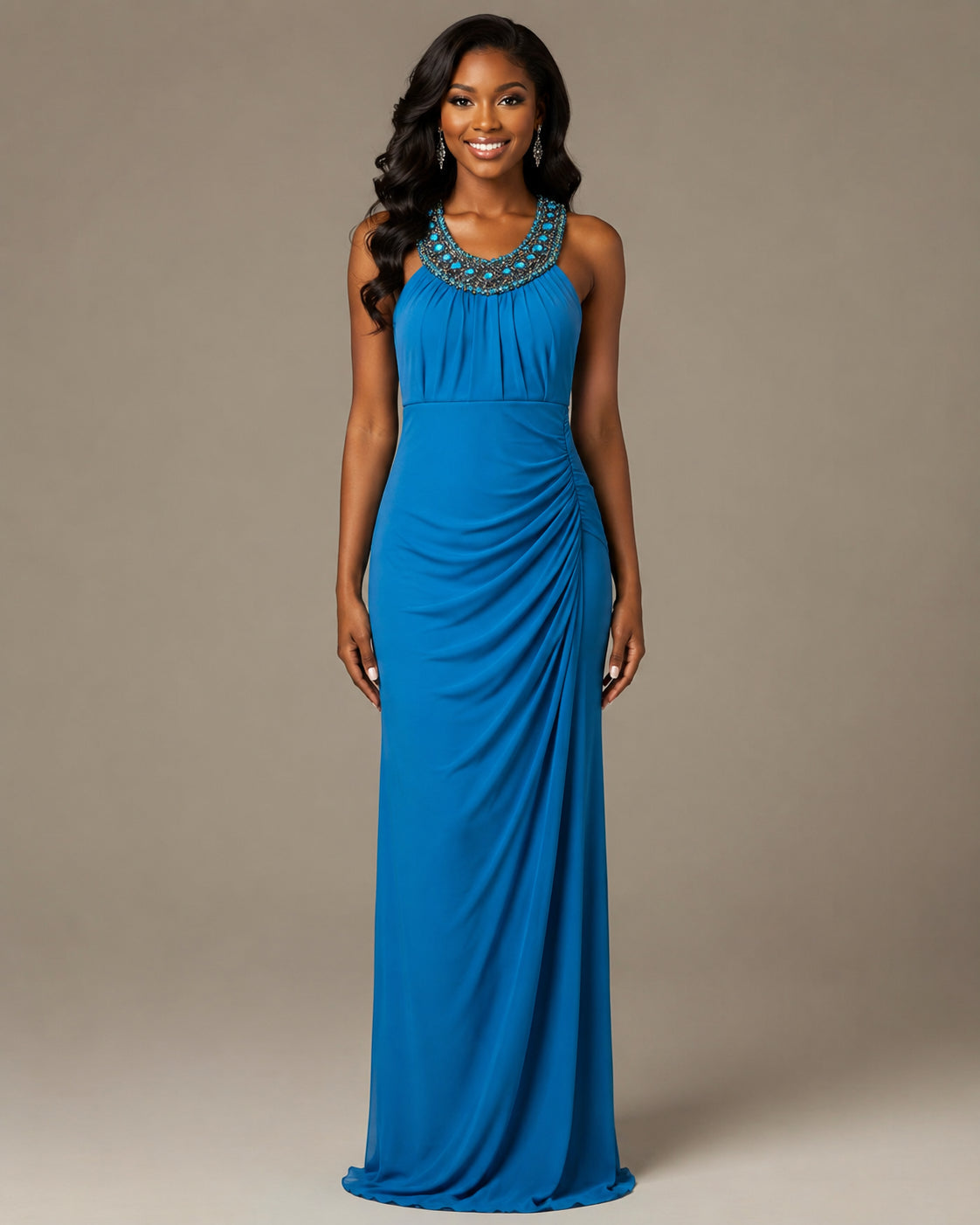 Royal Blue Halter Ruched Gown - Royal Blue (view 3)