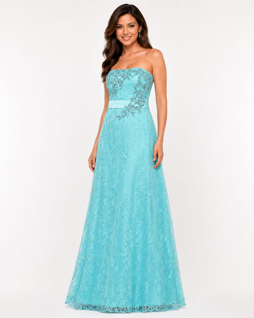 Turquoise Lace Strapless Gown - Turquoise (view 3)