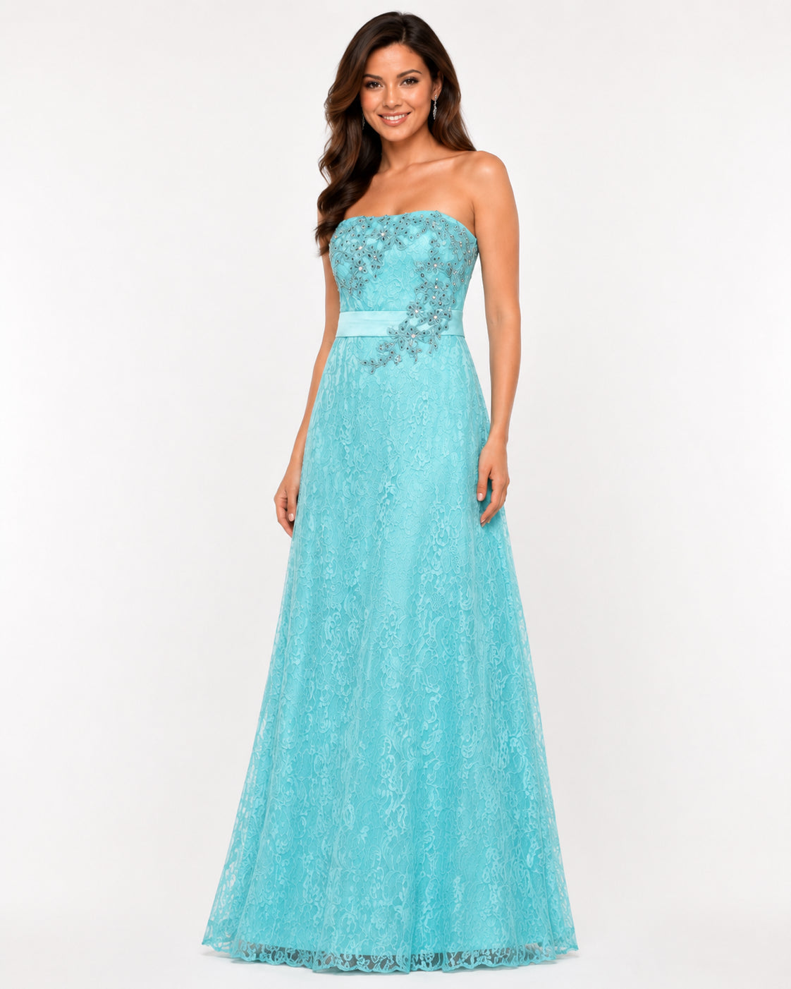 Turquoise Lace Strapless Gown - Turquoise (view 3)