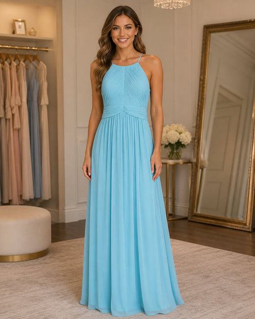Aqua Halter Chiffon Gown - Aqua (view 2)