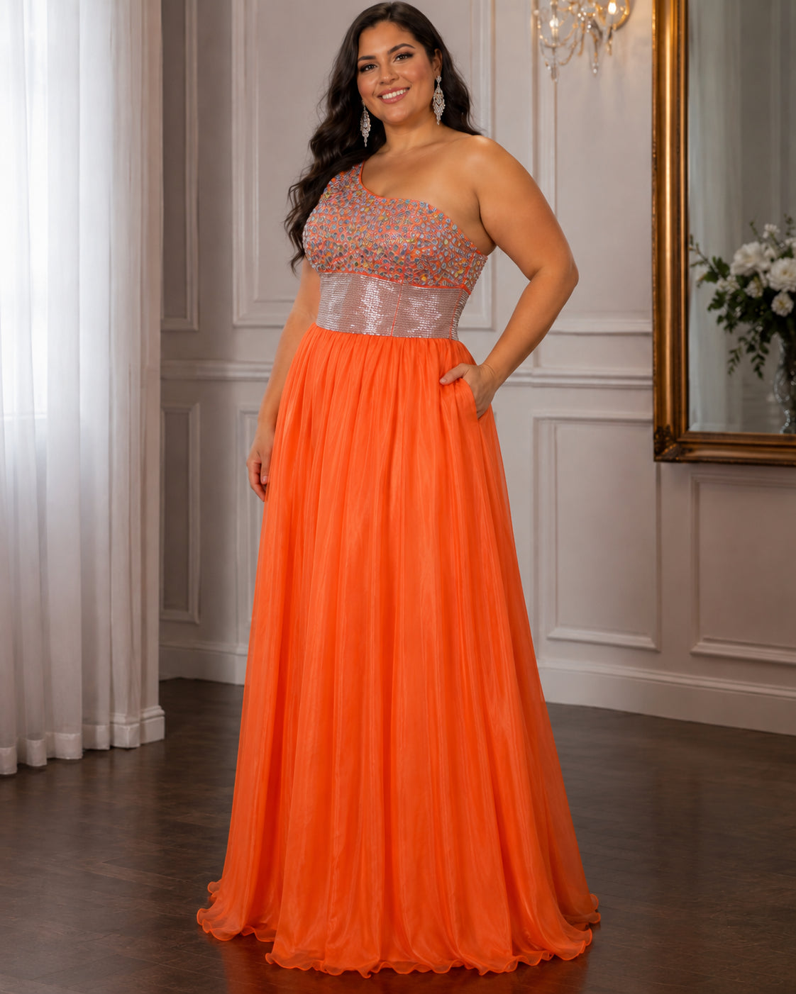 Silver-Bodice One-Shoulder Chiffon Gown - Orange (view 7)