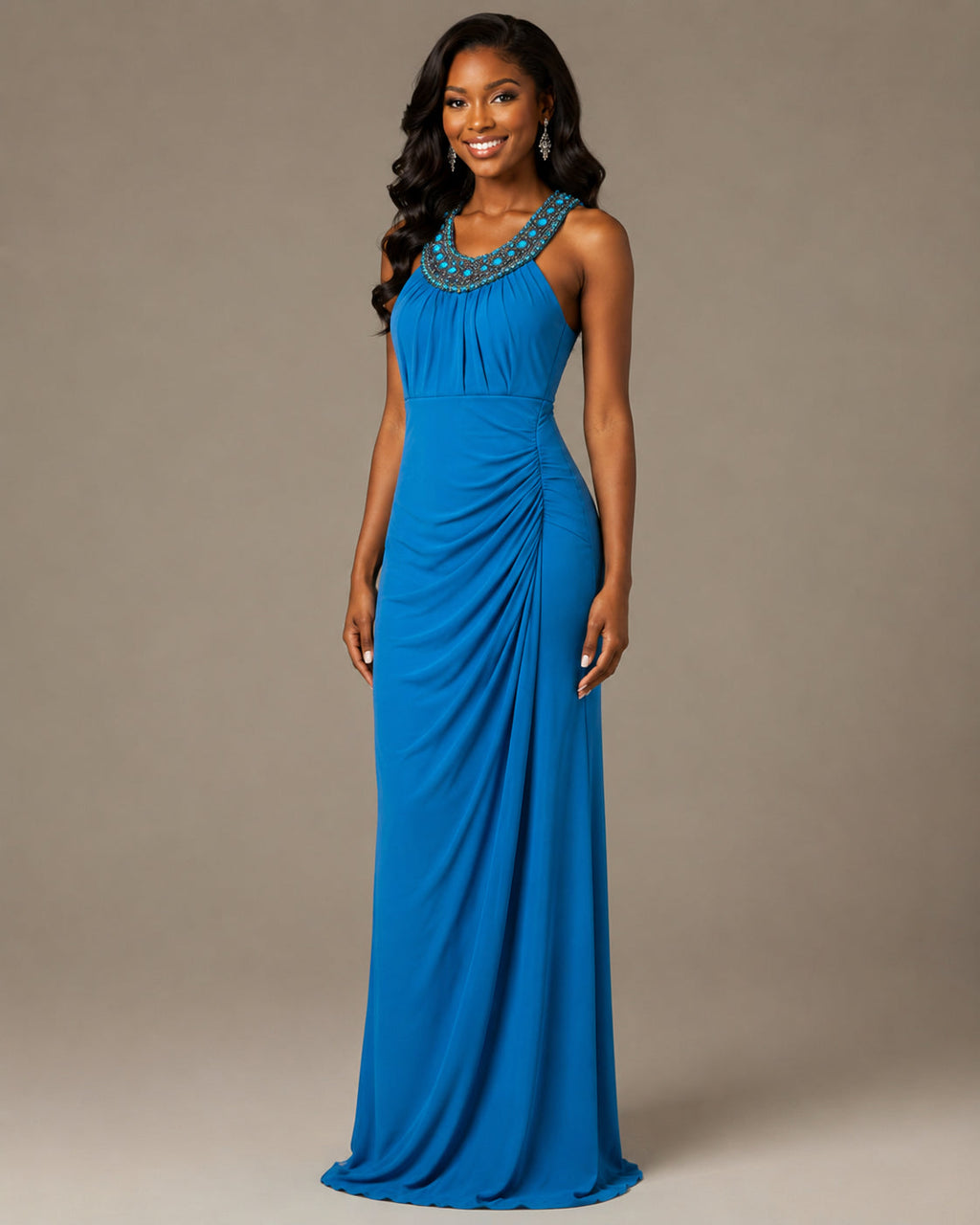 Royal Blue Halter Ruched Gown - Royal Blue (view 1)