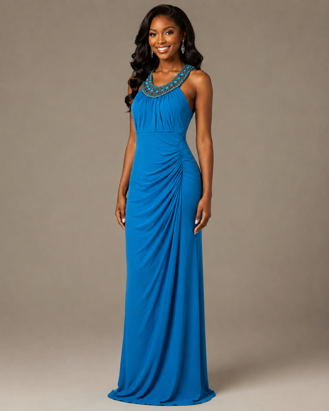 Royal Blue Halter Ruched Gown - Royal Blue (view 1)