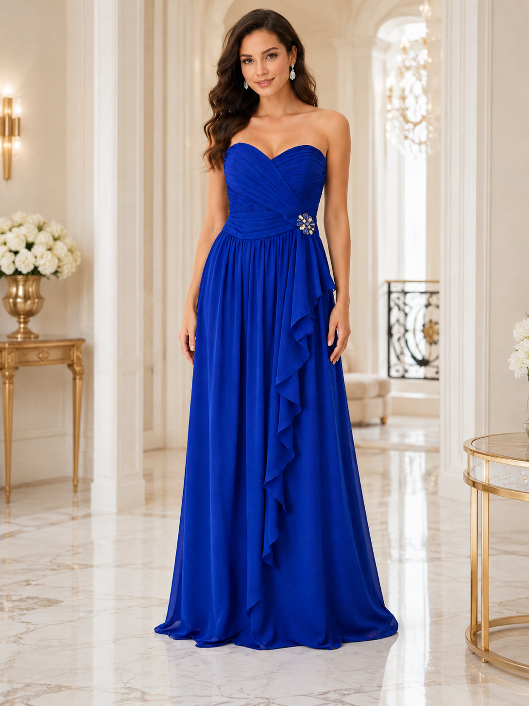Royal Blue Chiffon Cascade Gown - Royal Blue (view 3)