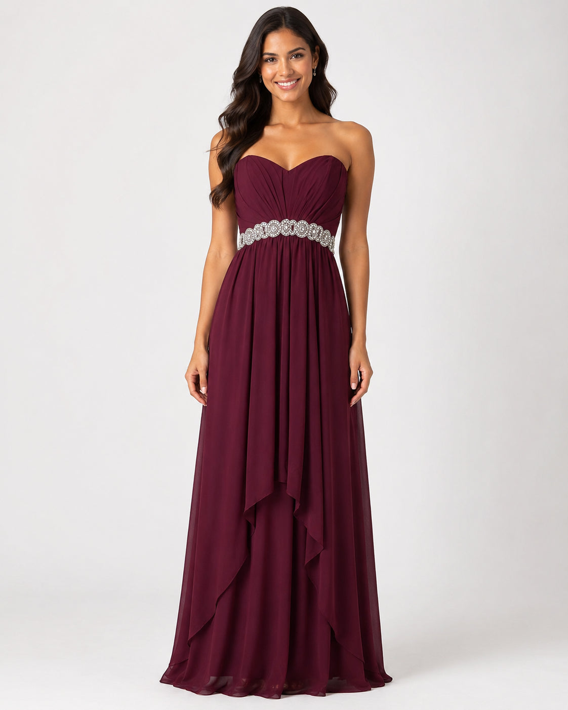 Burgundy Sweetheart Beaded Cascade Gown - Burgundy (view 4)