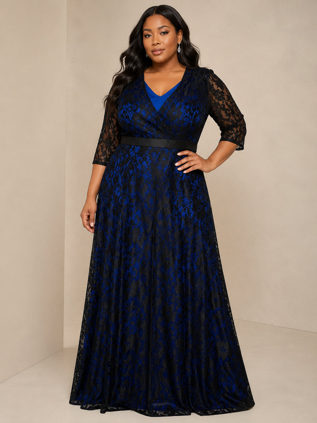 Navy Lace V-Neck Sleeve Gown - Navy (view 3)
