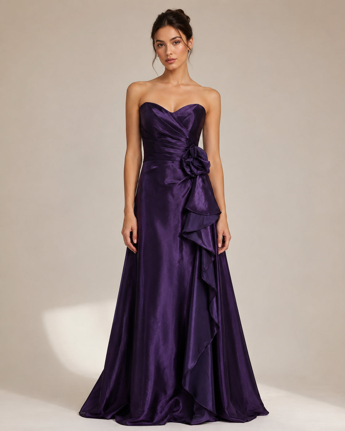 Purple Satin Strapless Cascade Gown - Purple (view 6)