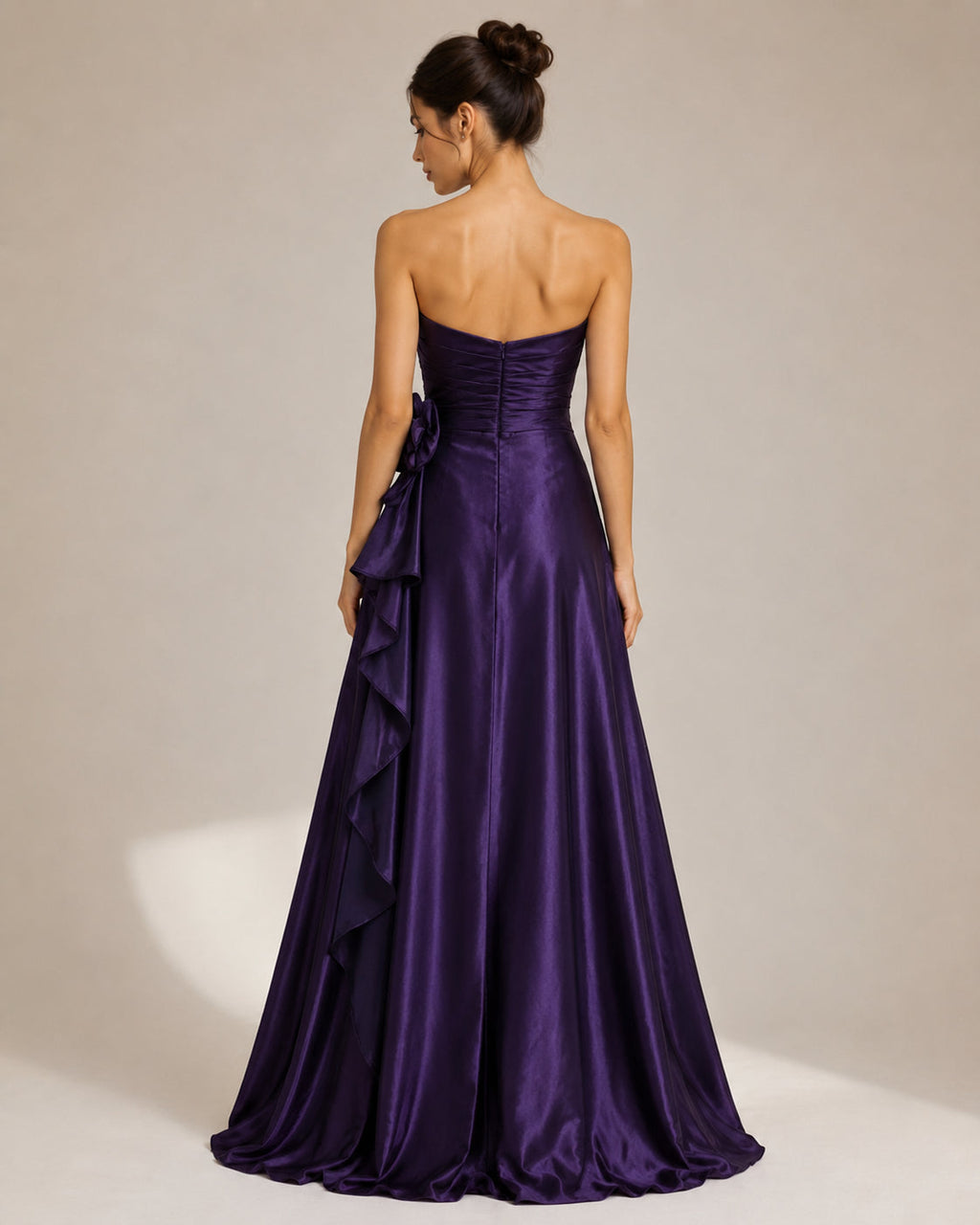 Purple Satin Strapless Cascade Gown - Purple (view 2)