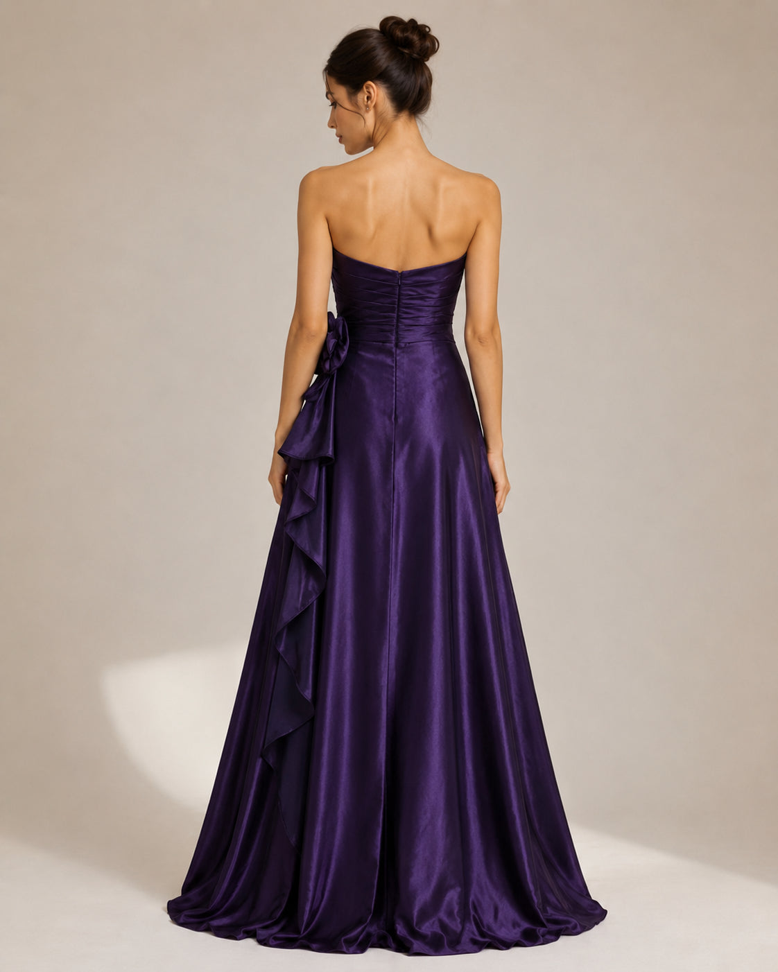 Purple Satin Strapless Cascade Gown - Purple (view 2)