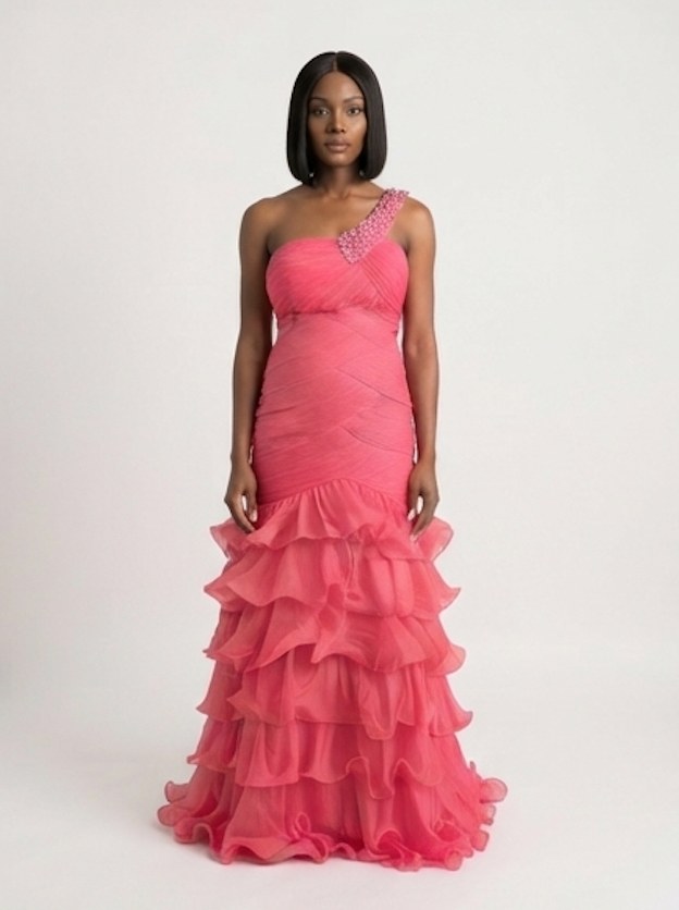 Coral Blossom One-Shoulder Ruffle Mermaid Gown - Front View | Afayi Commerce