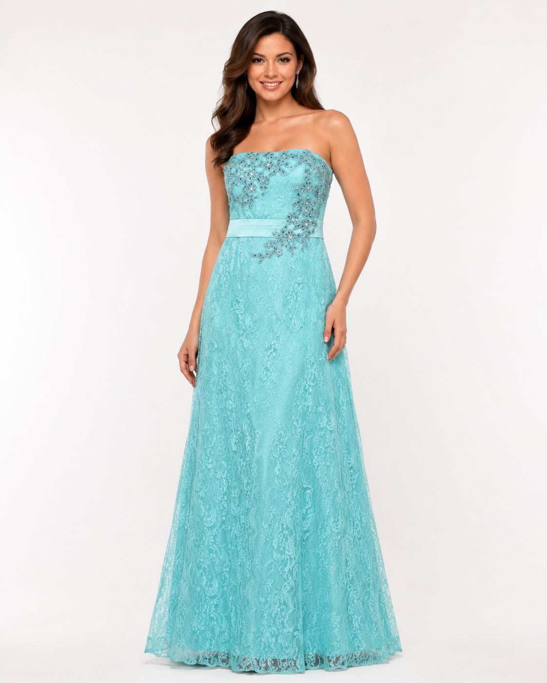 Turquoise Lace Strapless Gown - Turquoise (view 2)