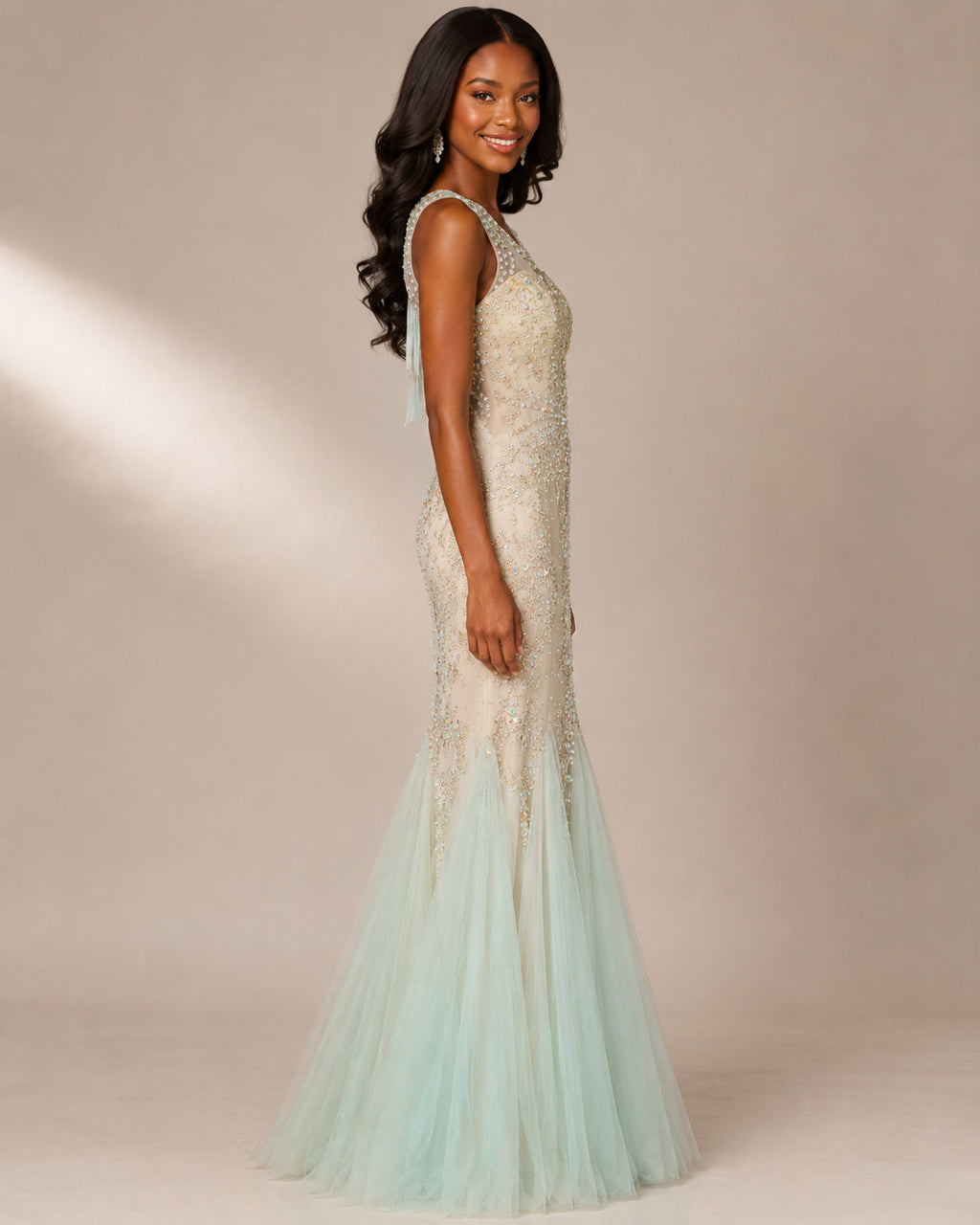 Mint Beaded Tulle Mermaid Gown - Mint (view 6)