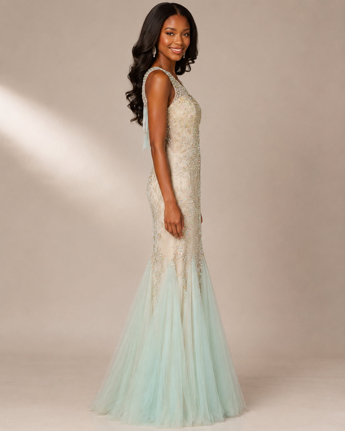 Mint Beaded Tulle Mermaid Gown - Mint (view 6)
