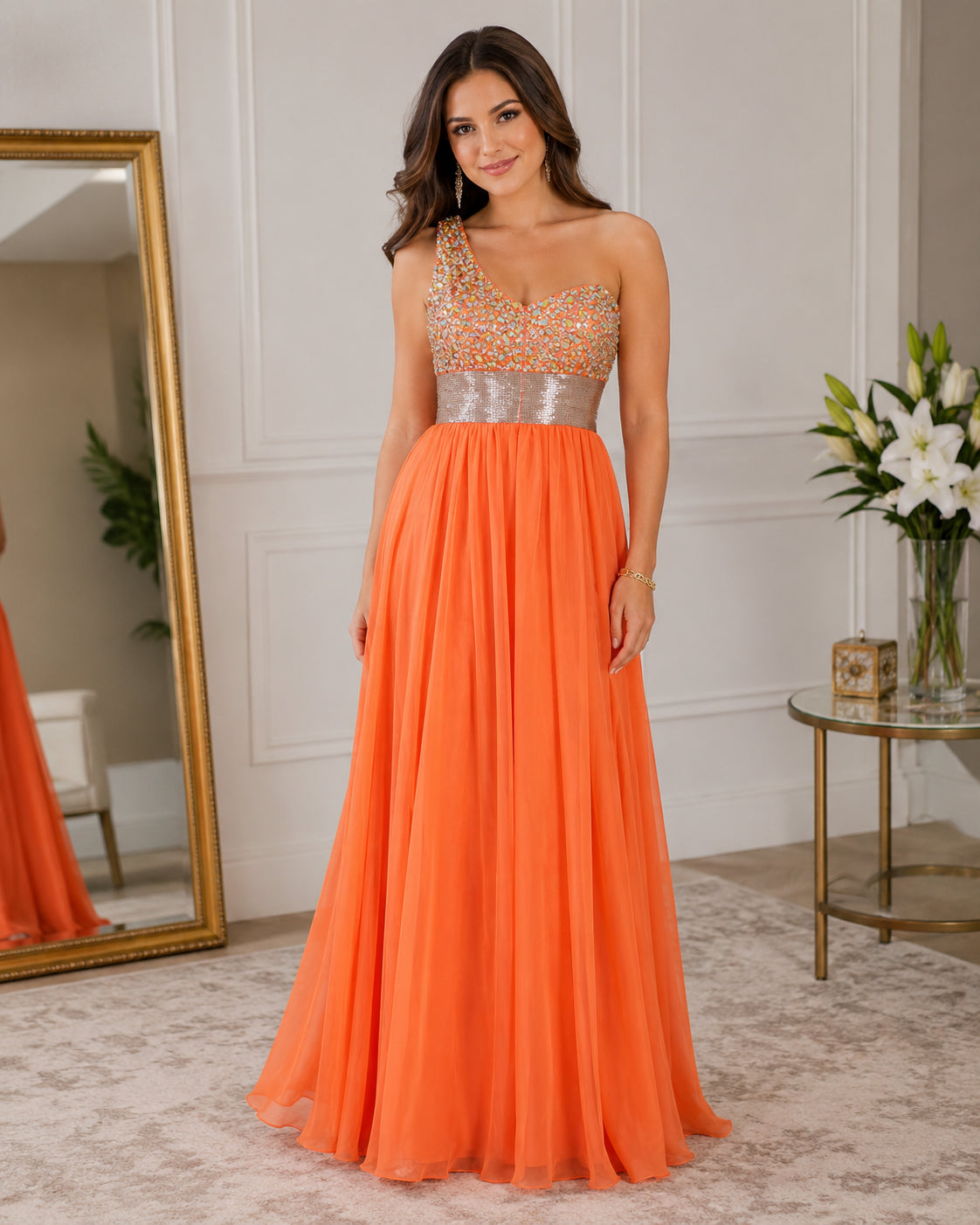 Silver-Bodice One-Shoulder Chiffon Gown - Orange (view 4)