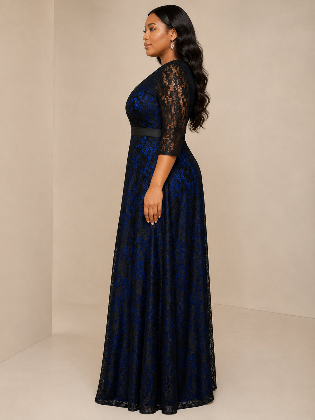 Navy Lace V-Neck Sleeve Gown - Navy (view 5)