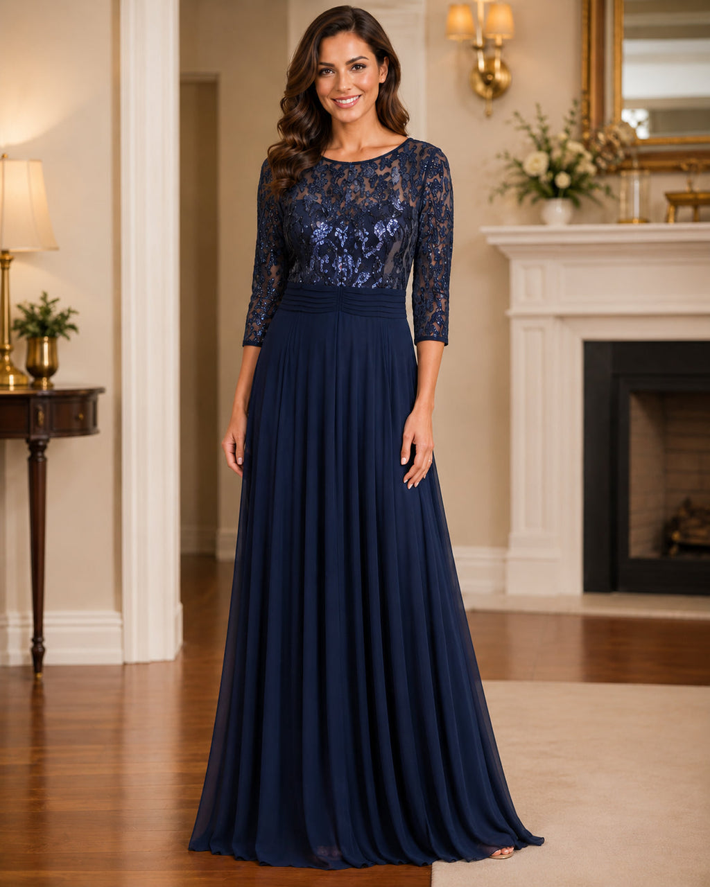 Navy Lace-Bodice Chiffon Gown - Navy (view 2)