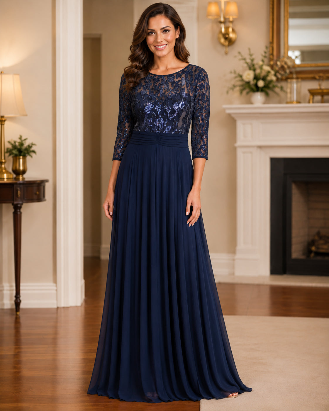 Navy Lace-Bodice Chiffon Gown - Navy (view 2)