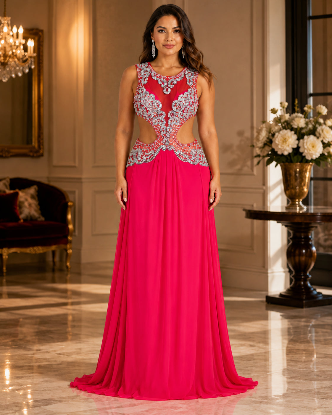 Fuchsia Beaded Cutout Gown - Fuchsia (view 1)