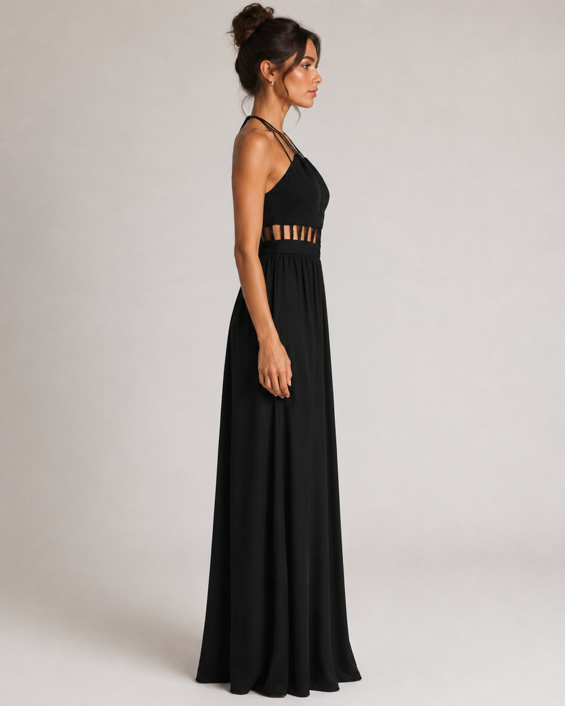 Black Halter Lattice-Waist Gown (view 1)