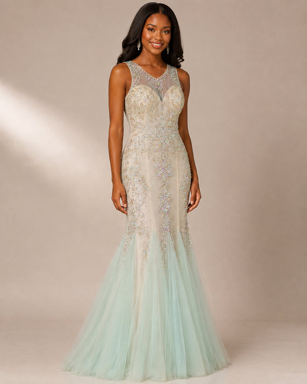 Mint Beaded Tulle Mermaid Gown - Mint (view 8)