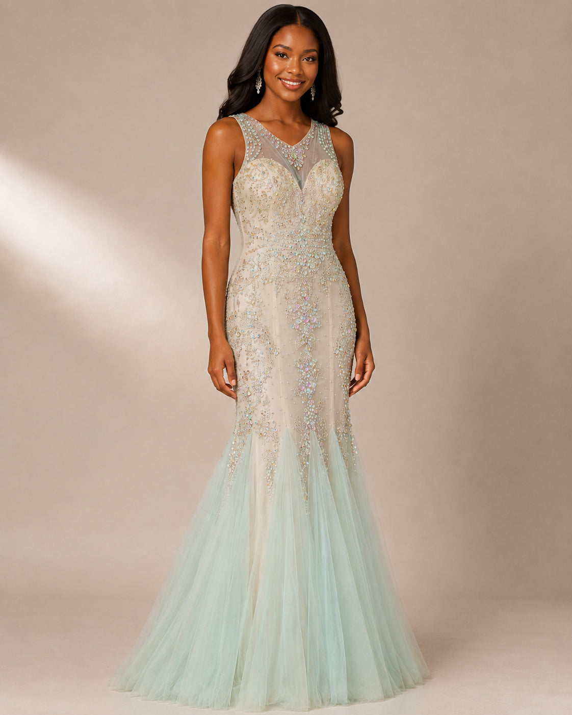 Mint Beaded Tulle Mermaid Gown - Mint (view 8)