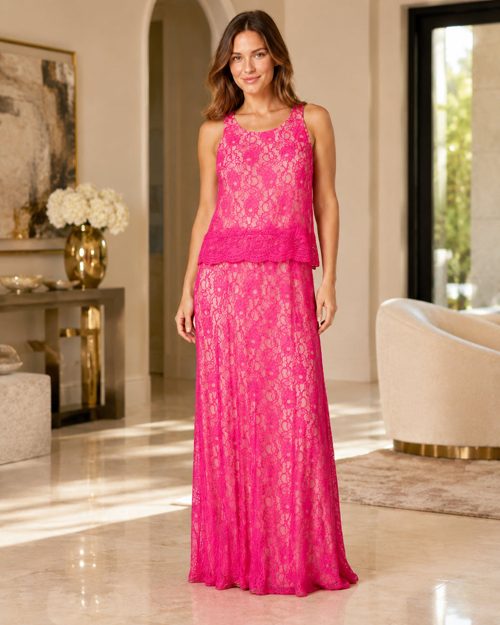 Hot Pink Lace Column Gown - Hot Pink (view 4)