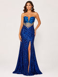 Royal Blue Sequin Slit Gown - Royal Blue (view 1)