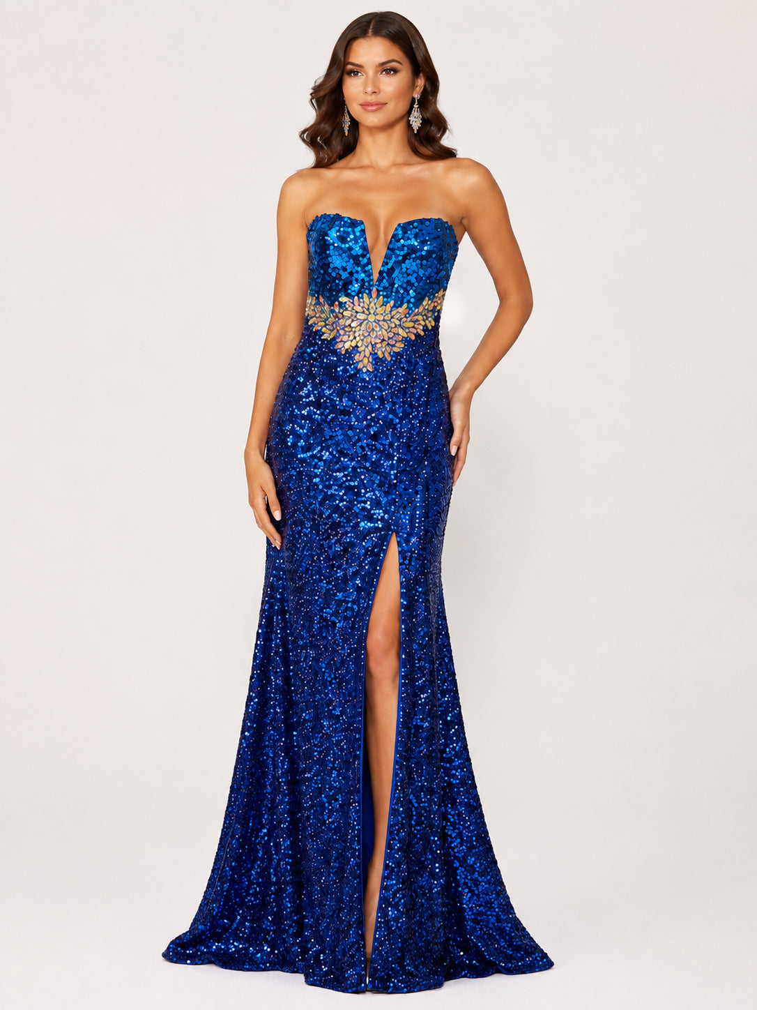 Royal Blue Sequin Slit Gown - Royal Blue (view 1)