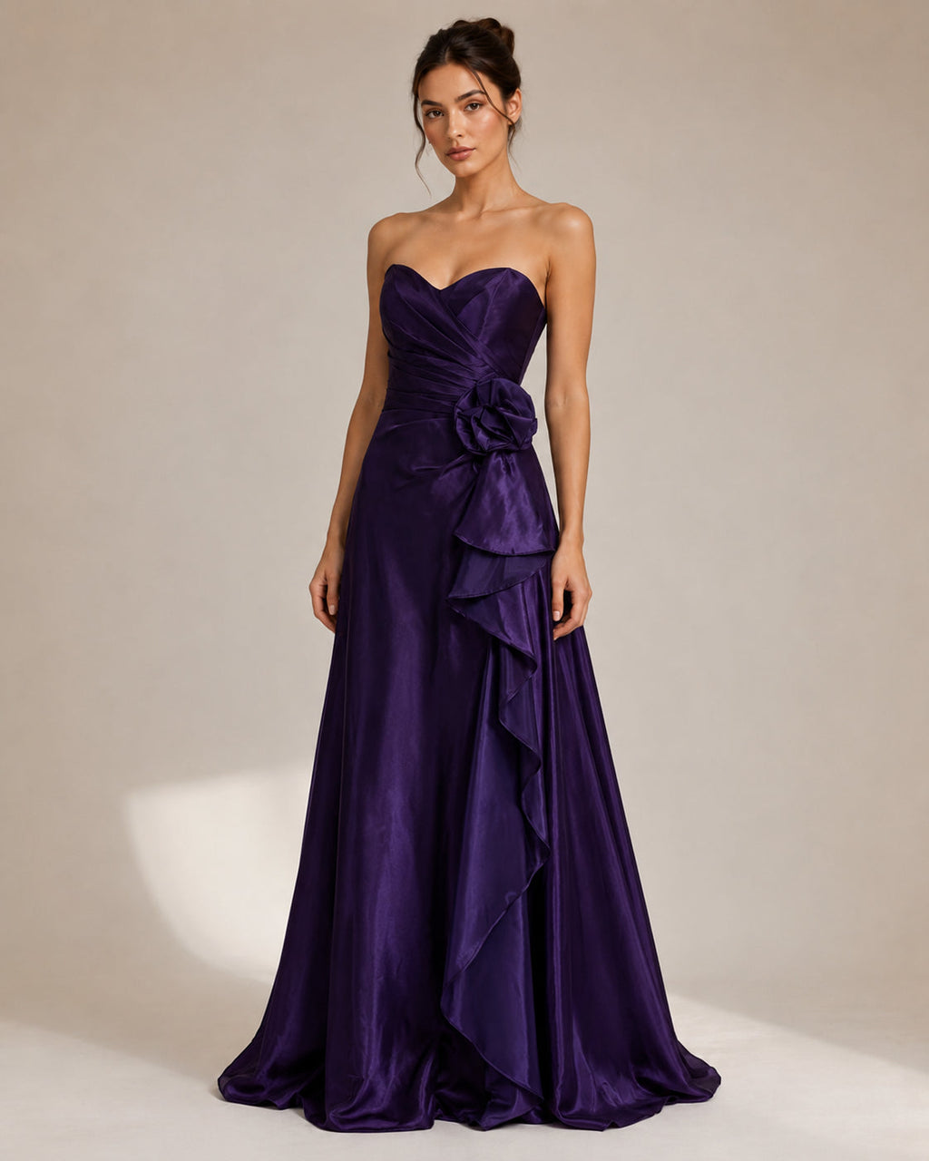 Purple Satin Strapless Cascade Gown - Purple (view 1)
