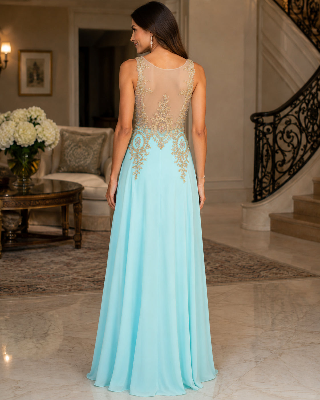 Gold-Appliqué Illusion Gown - Aqua (view 7)