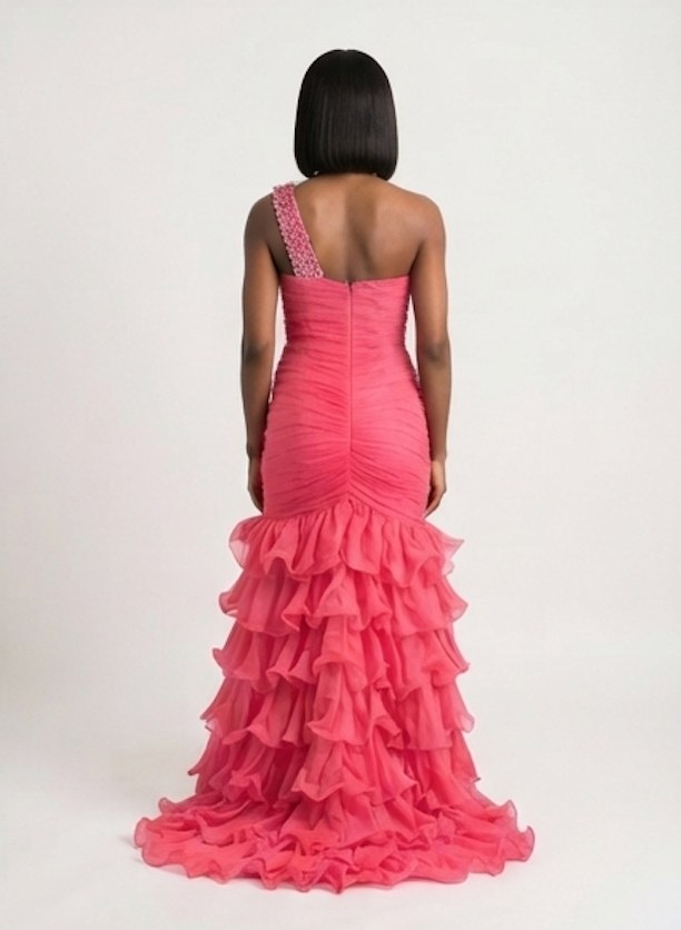 Coral Blossom One-Shoulder Ruffle Mermaid Gown - Alternate View 1 | Afayi Commerce