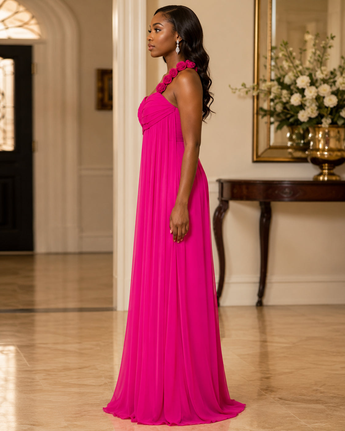 Hot Pink Rosette Shoulder Gown - Hot Pink (view 4)