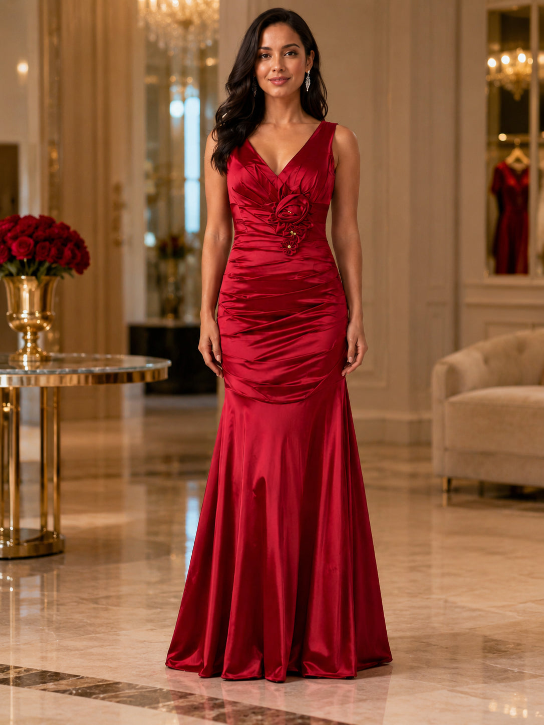 Red Satin Rosette Mermaid Gown - Red (view 5)