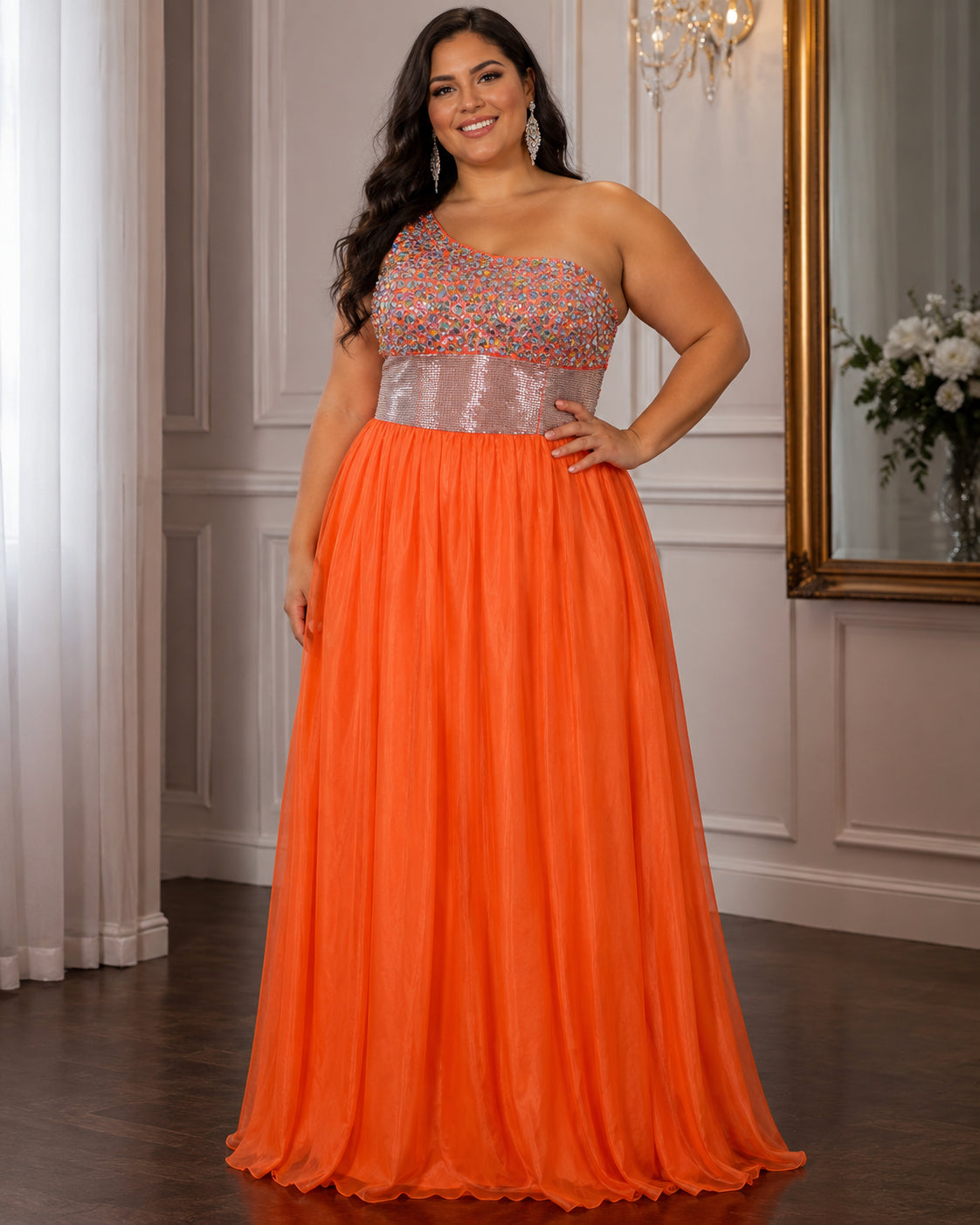 Silver-Bodice One-Shoulder Chiffon Gown - Orange (view 8)