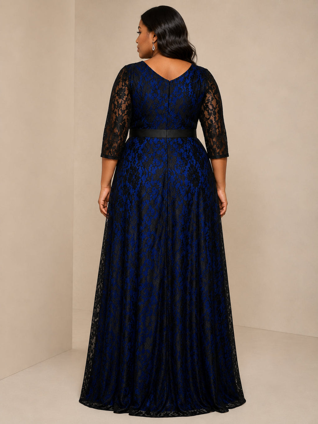 Navy Lace V-Neck Sleeve Gown - Navy (view 1)