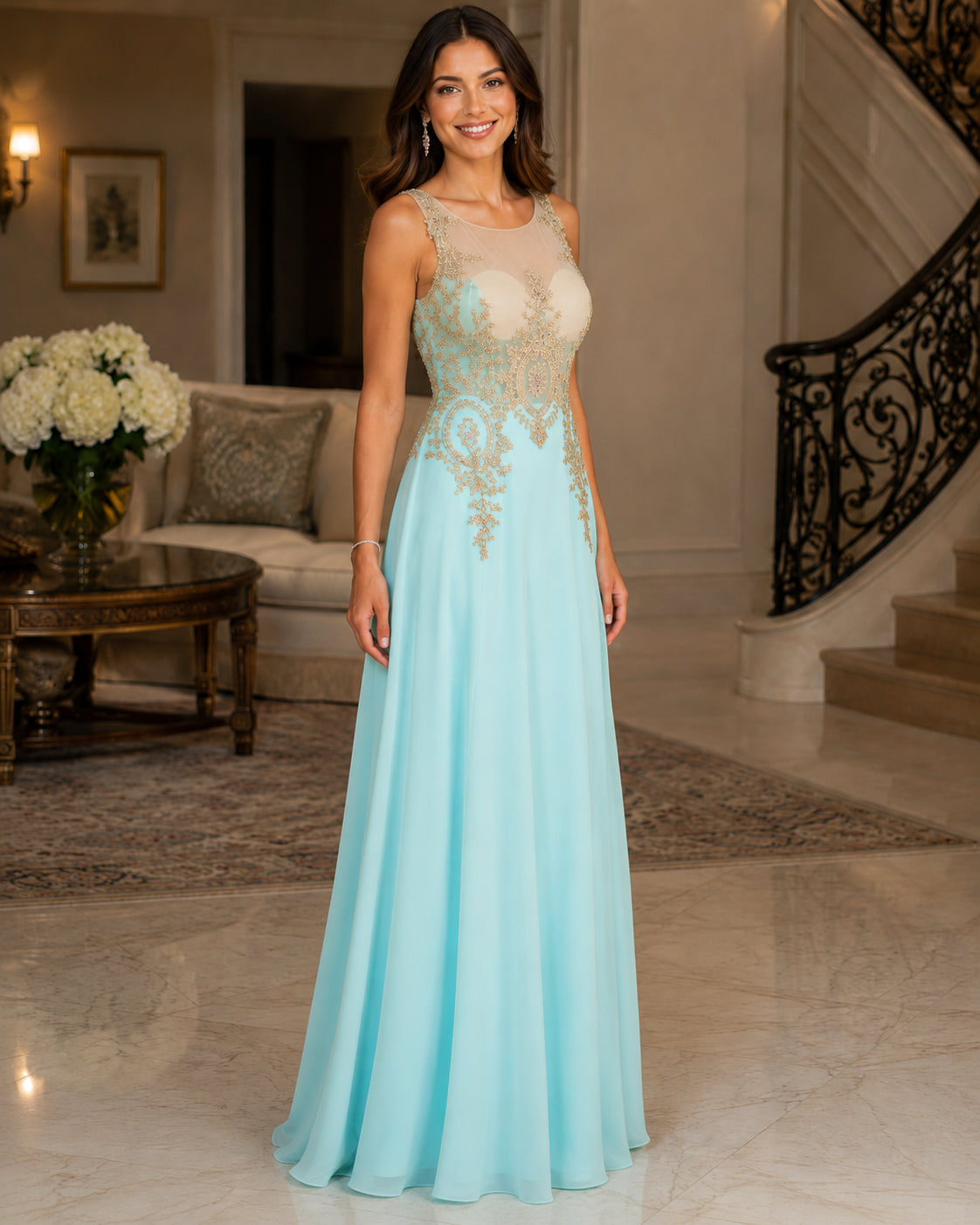 Gold-Appliqué Illusion Gown - Aqua (view 3)