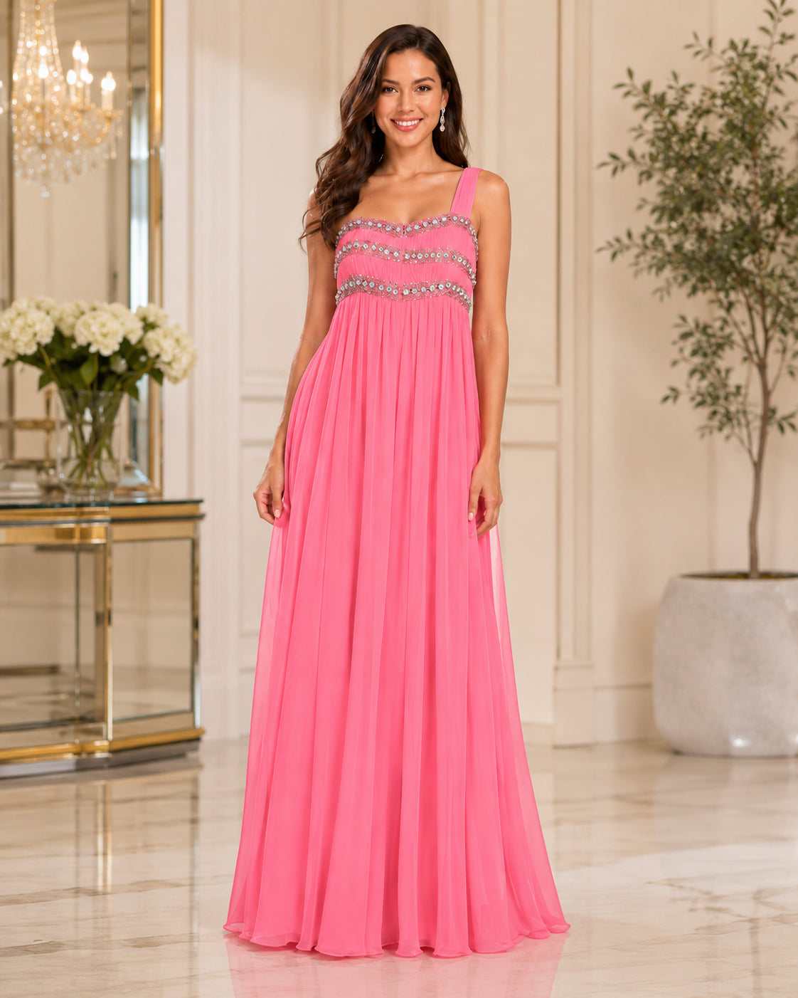 Silver-Bodice One-Shoulder Chiffon Gown - Pink (view 11)
