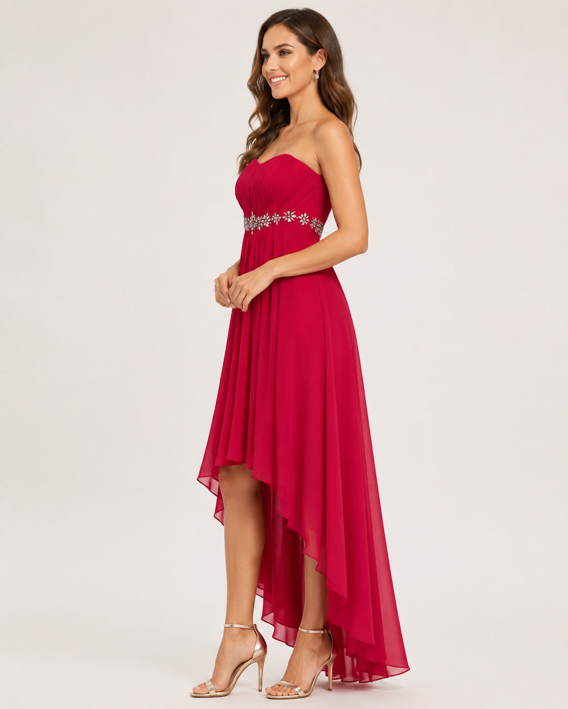 Red High-Low Beaded Gown - Red (view 2)
