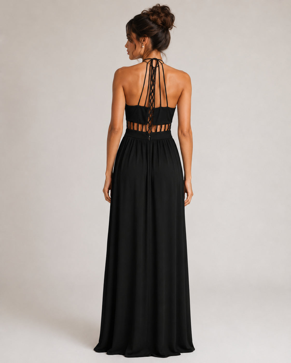 Black Halter Lattice-Waist Gown (view 2)