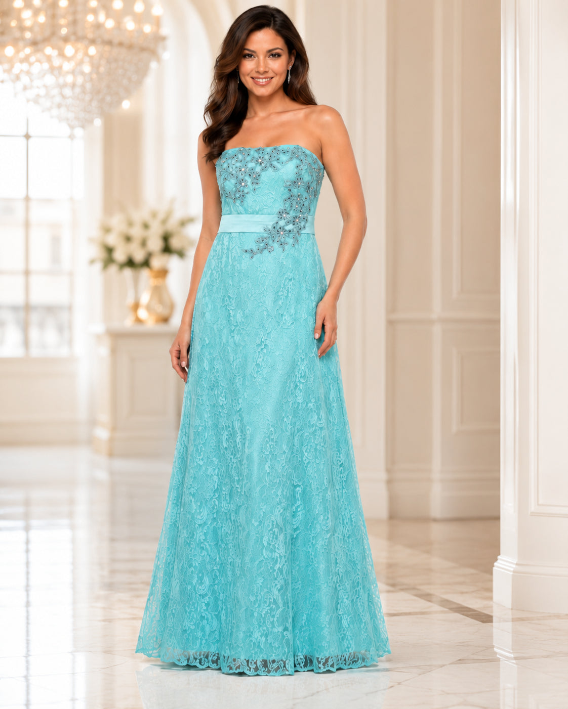 Turquoise Lace Strapless Gown - Turquoise (view 1)