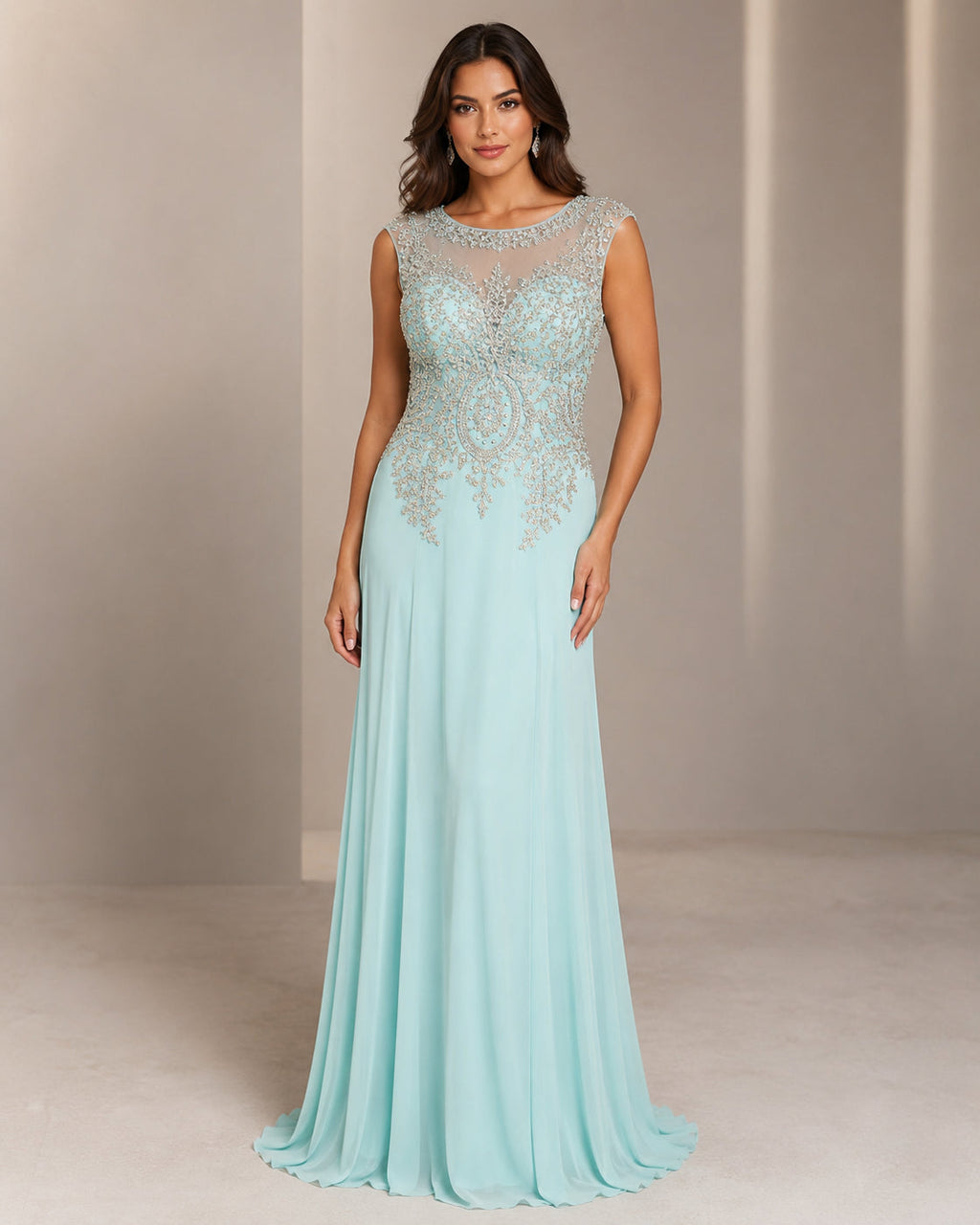 Gold-Appliqué Illusion Gown - Aqua (view 1)