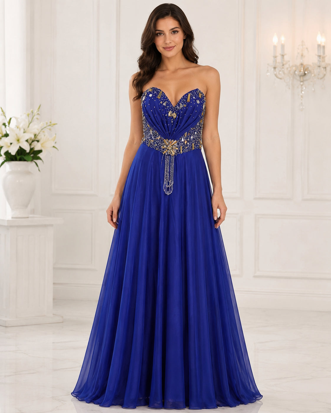 Royal Blue Sweetheart Gold-Waist Gown - Royal Blue (view 1)