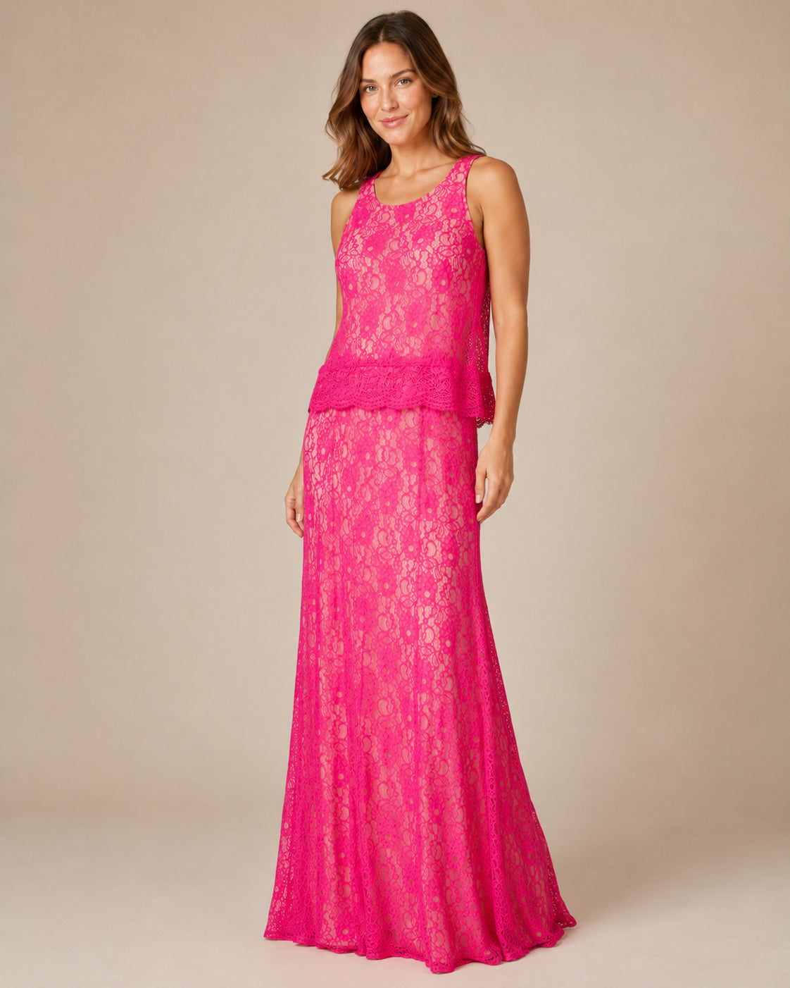 Hot Pink Lace Column Gown - Hot Pink (view 1)
