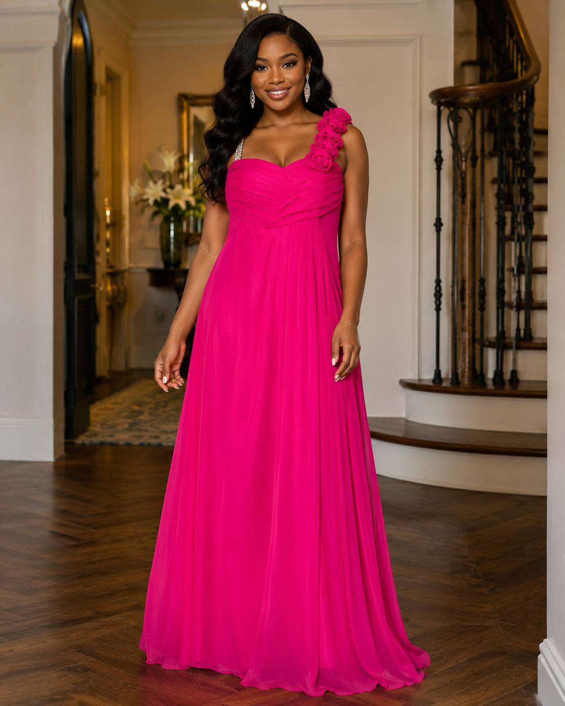 Hot Pink Rosette Shoulder Gown - Hot Pink (view 2)