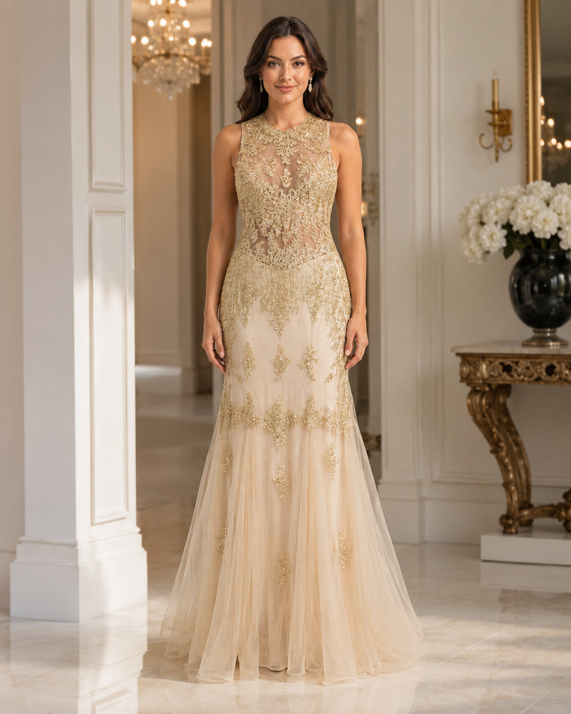 Champagne Flowing Party Gown - Champagne (view 3)