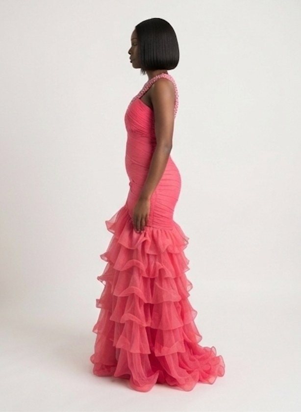 Coral Blossom One-Shoulder Ruffle Mermaid Gown - Alternate View 2 | Afayi Commerce