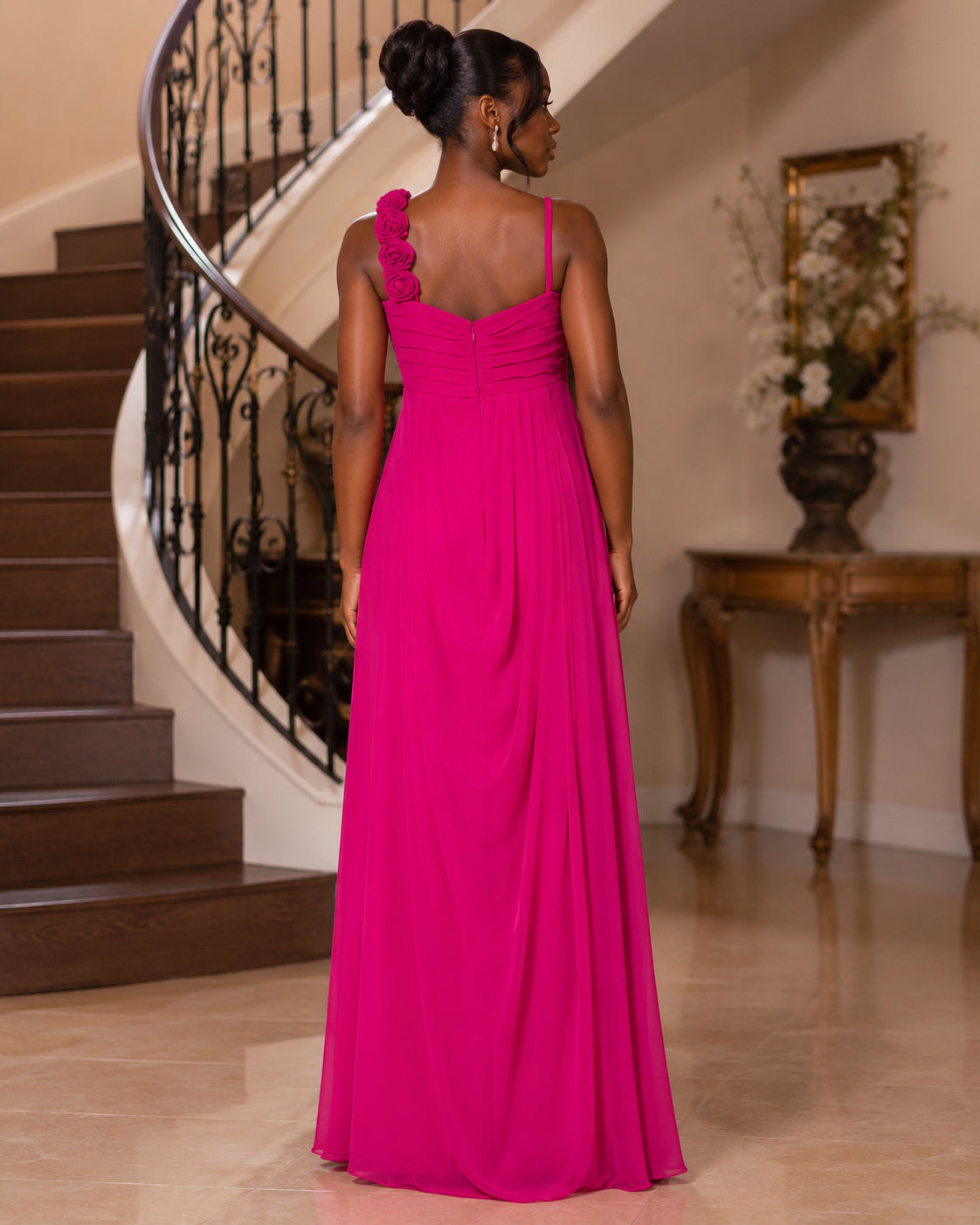 Hot Pink Rosette Shoulder Gown - Hot Pink (view 5)