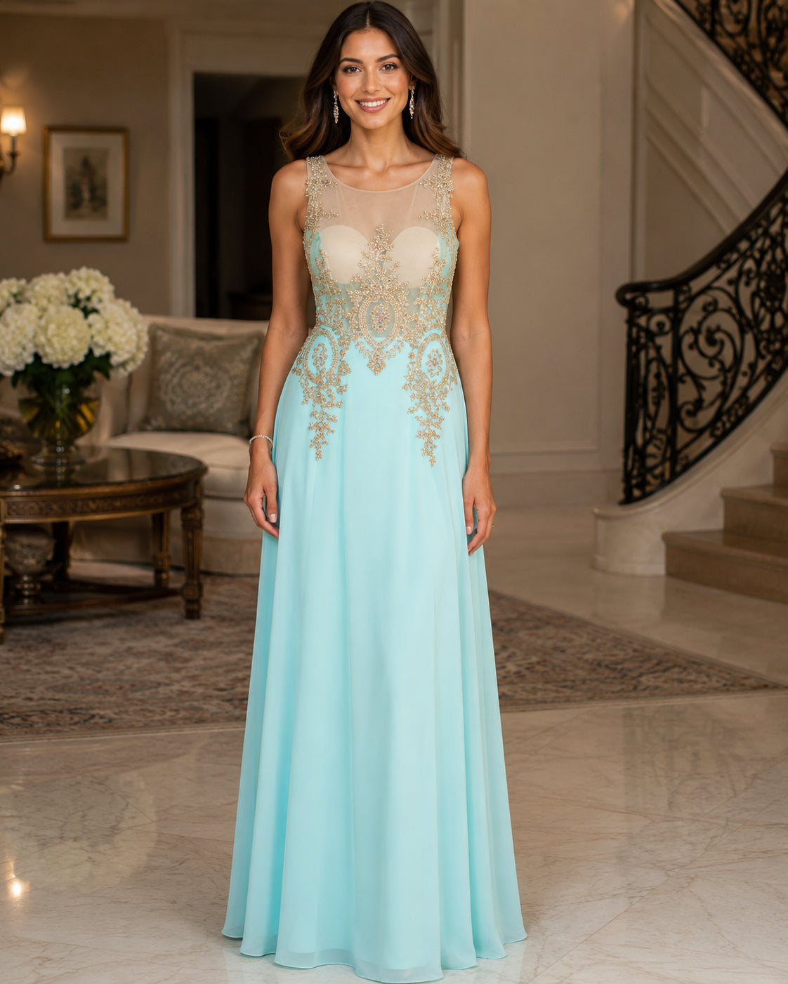 Gold-Appliqué Illusion Gown - Aqua (view 4)